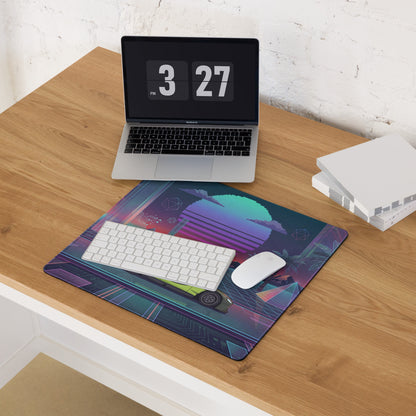 Aston Martin Vantage GT3 Inspired Olive Green Vaporwave Gaming Mouse Pad – Neon Retro Futuristic Grid Desk Mat with Palm Trees and Synthwave Sunset Art