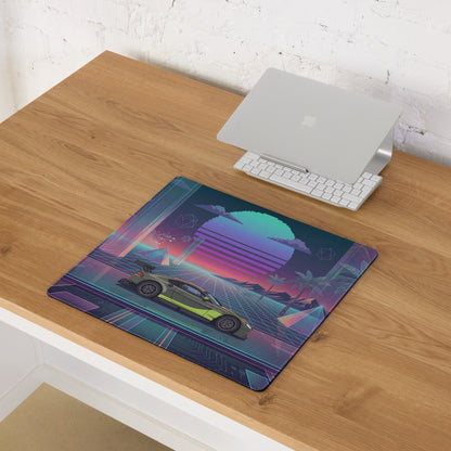 Aston Martin Vantage GT3 Inspired Olive Green Vaporwave Gaming Mouse Pad – Neon Retro Futuristic Grid Desk Mat with Palm Trees and Synthwave Sunset Art