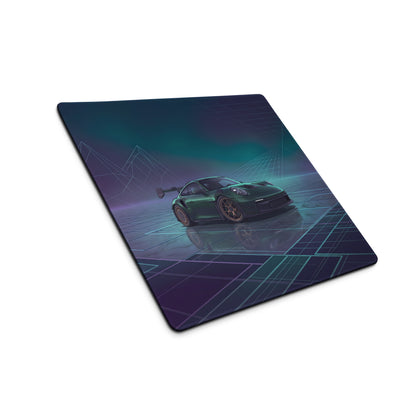 Porsche 911 GT3 RS Inspired Dark Green Vaporwave Gaming Mouse Pad – Moody Teal Purple Neon Grid Desk Mat with Futuristic Mountains and Synthwave Racing Art