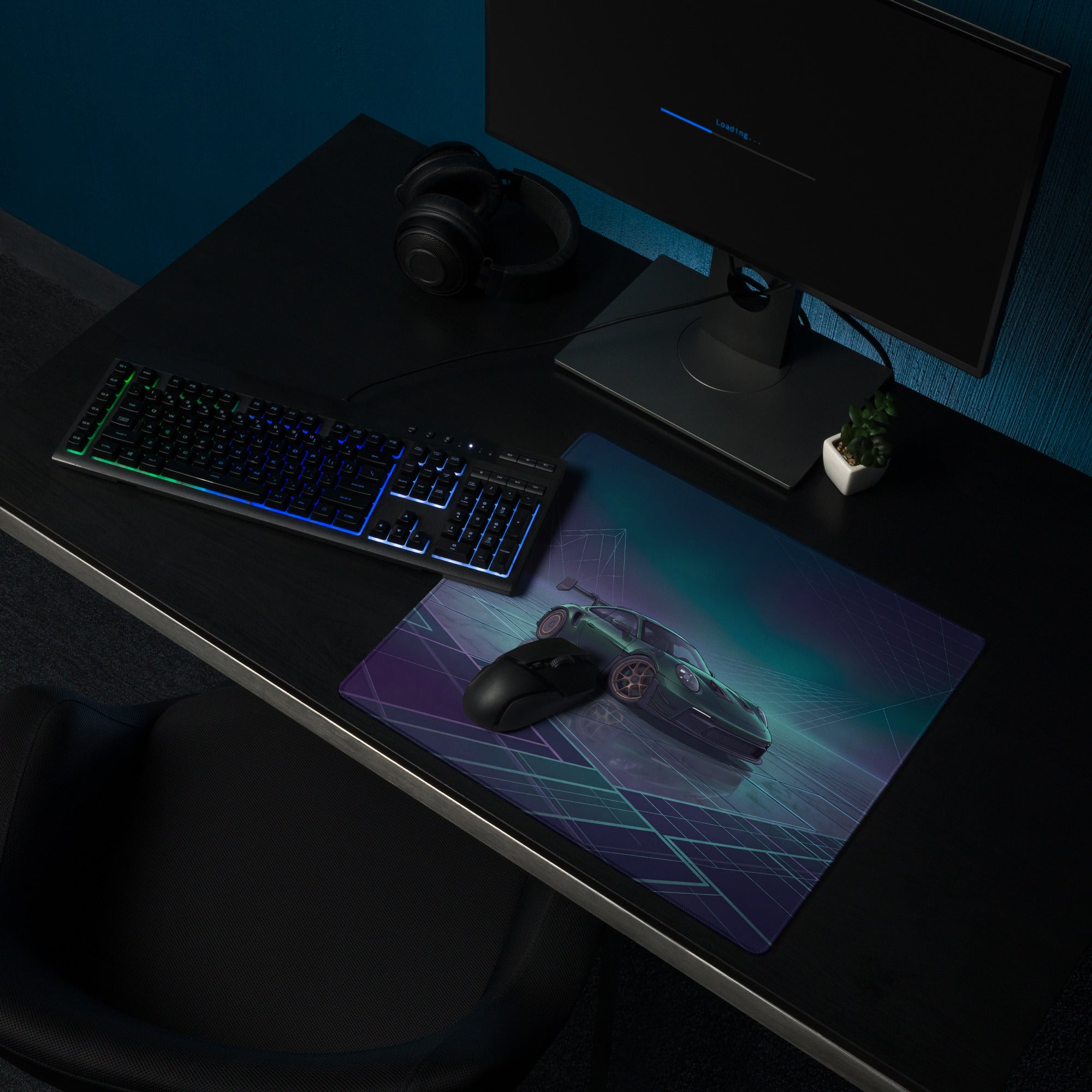 Porsche 911 GT3 RS Inspired Dark Green Vaporwave Gaming Mouse Pad – Moody Teal Purple Neon Grid Desk Mat with Futuristic Mountains and Synthwave Racing Art