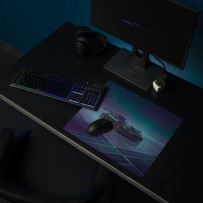 Porsche 911 GT3 RS Inspired Dark Green Vaporwave Gaming Mouse Pad – Moody Teal Purple Neon Grid Desk Mat with Futuristic Mountains and Synthwave Racing Art