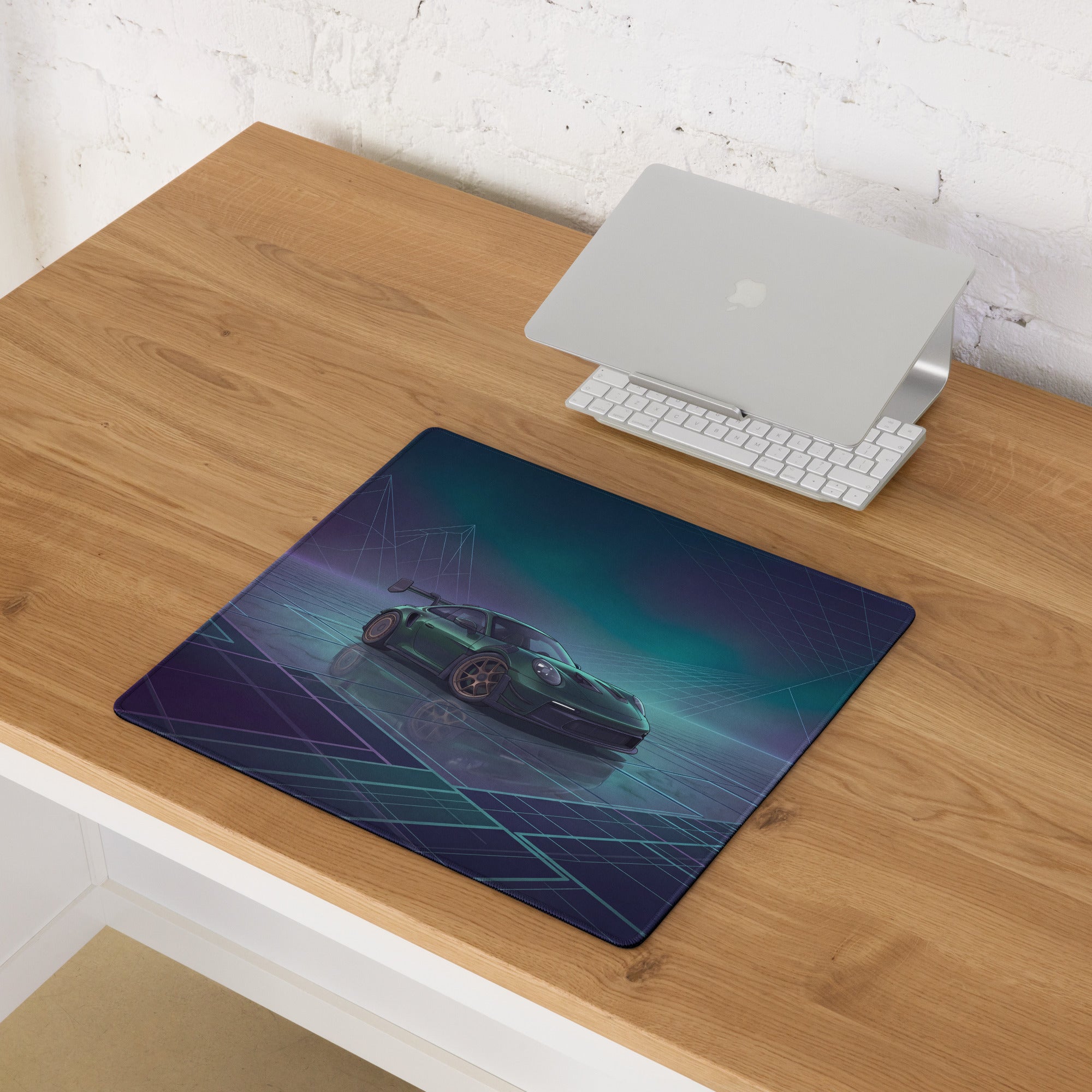 Porsche 911 GT3 RS Inspired Dark Green Vaporwave Gaming Mouse Pad – Moody Teal Purple Neon Grid Desk Mat with Futuristic Mountains and Synthwave Racing Art