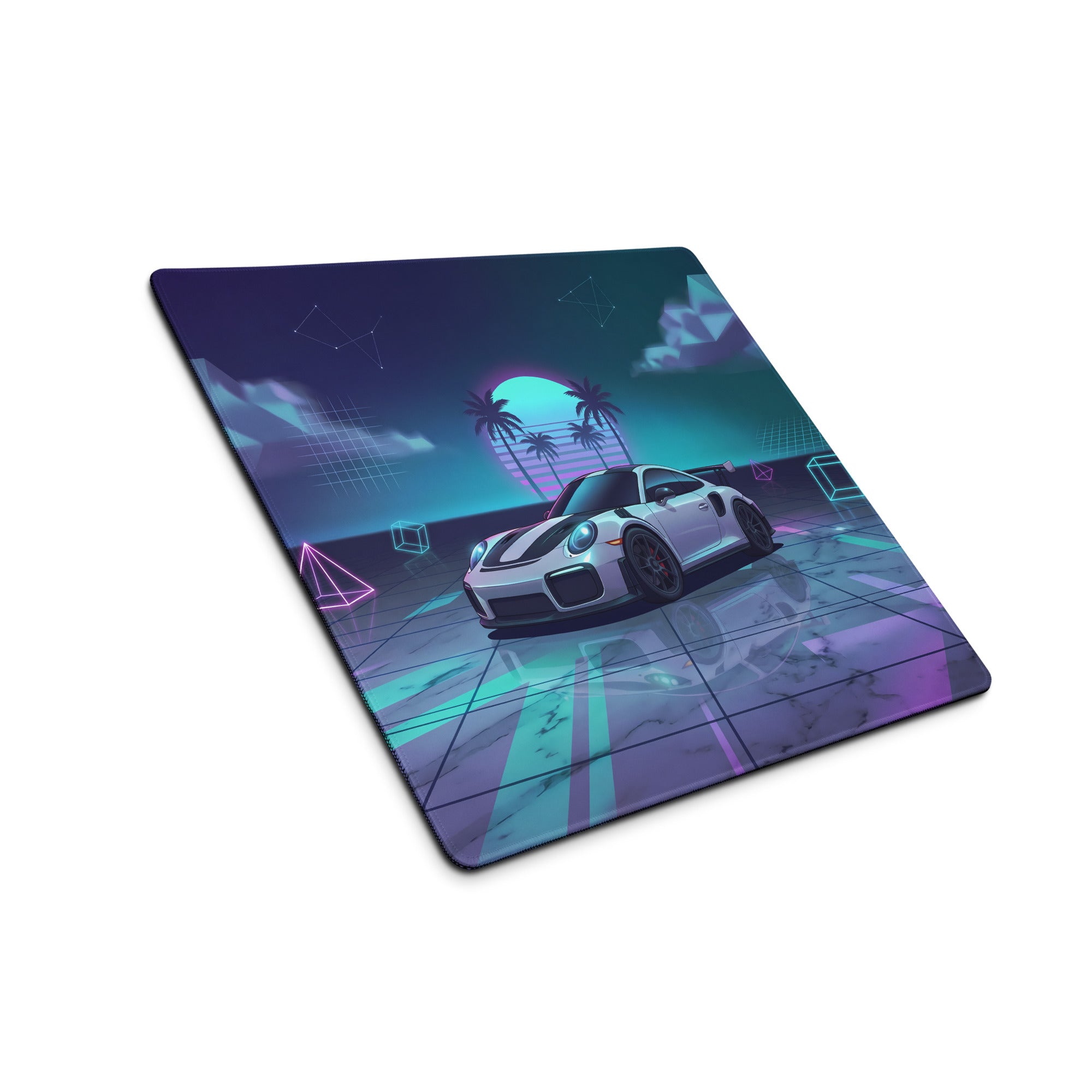 Porsche 911 GT2 RS Inspired White Vaporwave Gaming Mouse Pad – Neon Cyan Pink Geometric Desk Mat with Palm Sunset and Retro Futuristic Synthwave Art