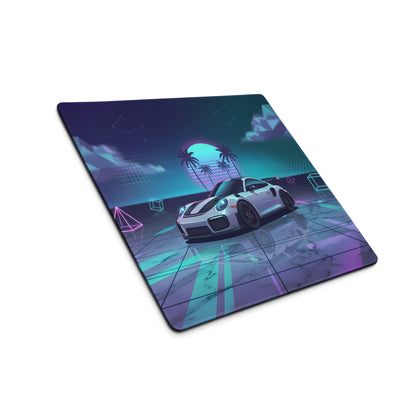 Porsche 911 GT2 RS Inspired White Vaporwave Gaming Mouse Pad – Neon Cyan Pink Geometric Desk Mat with Palm Sunset and Retro Futuristic Synthwave Art
