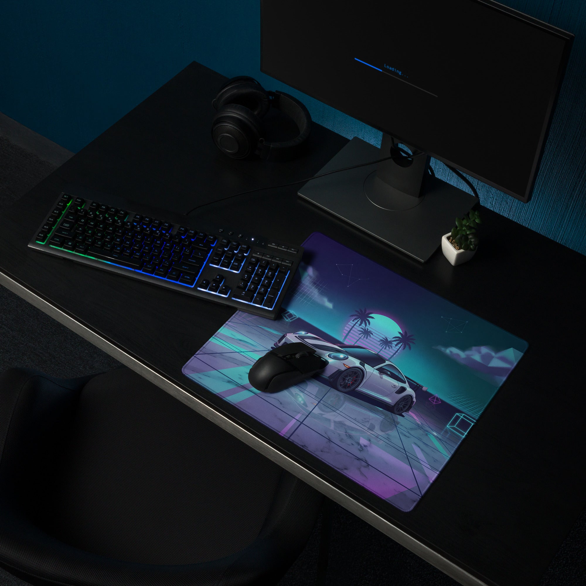 Porsche 911 GT2 RS Inspired White Vaporwave Gaming Mouse Pad – Neon Cyan Pink Geometric Desk Mat with Palm Sunset and Retro Futuristic Synthwave Art