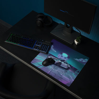 Porsche 911 GT2 RS Inspired White Vaporwave Gaming Mouse Pad – Neon Cyan Pink Geometric Desk Mat with Palm Sunset and Retro Futuristic Synthwave Art