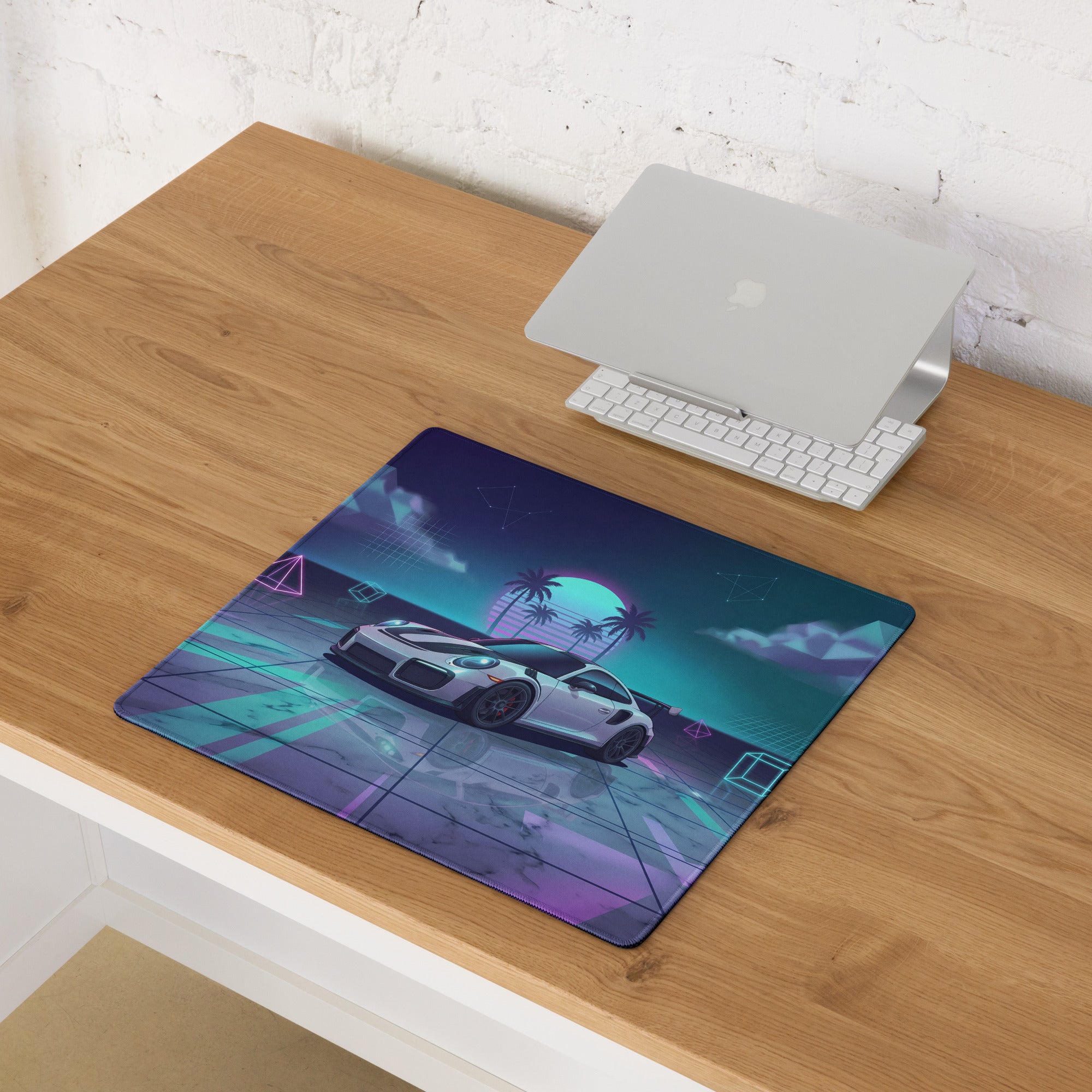 Porsche 911 GT2 RS Inspired White Vaporwave Gaming Mouse Pad – Neon Cyan Pink Geometric Desk Mat with Palm Sunset and Retro Futuristic Synthwave Art