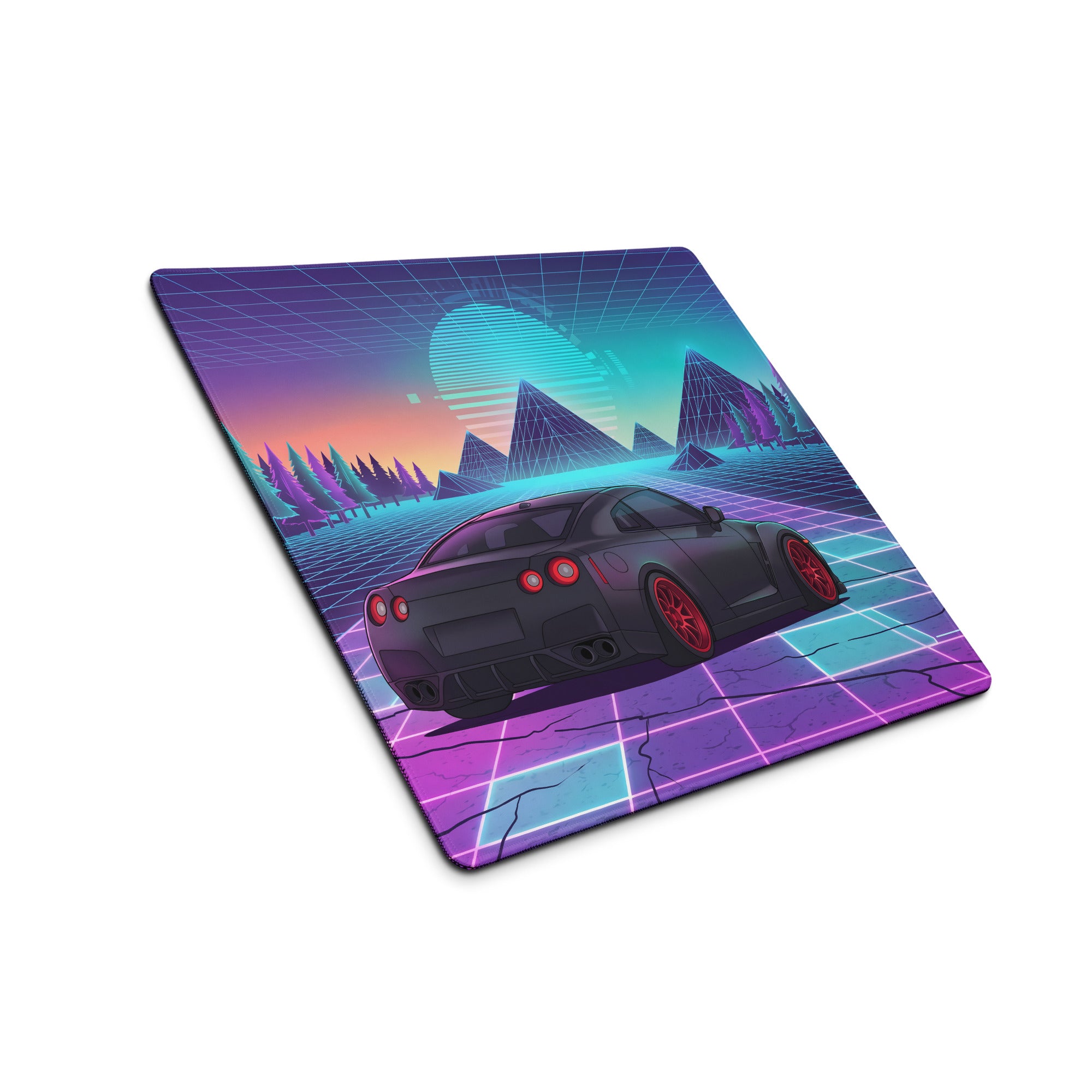 Nissan GT-R R35 Inspired Black Red Vaporwave Gaming Mouse Pad – Neon Pink Cyan Grid Desk Mat with Retro Futuristic Mountains and Synthwave Sunset Art