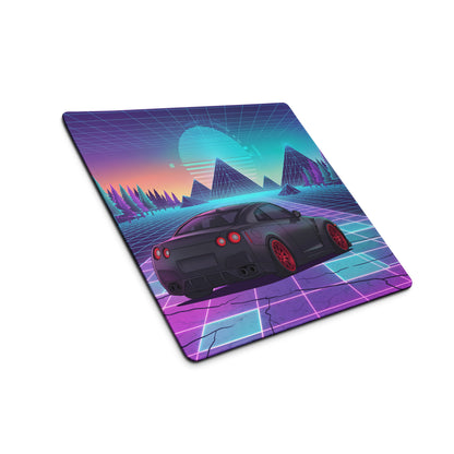 Nissan GT-R R35 Inspired Black Red Vaporwave Gaming Mouse Pad – Neon Pink Cyan Grid Desk Mat with Retro Futuristic Mountains and Synthwave Sunset Art