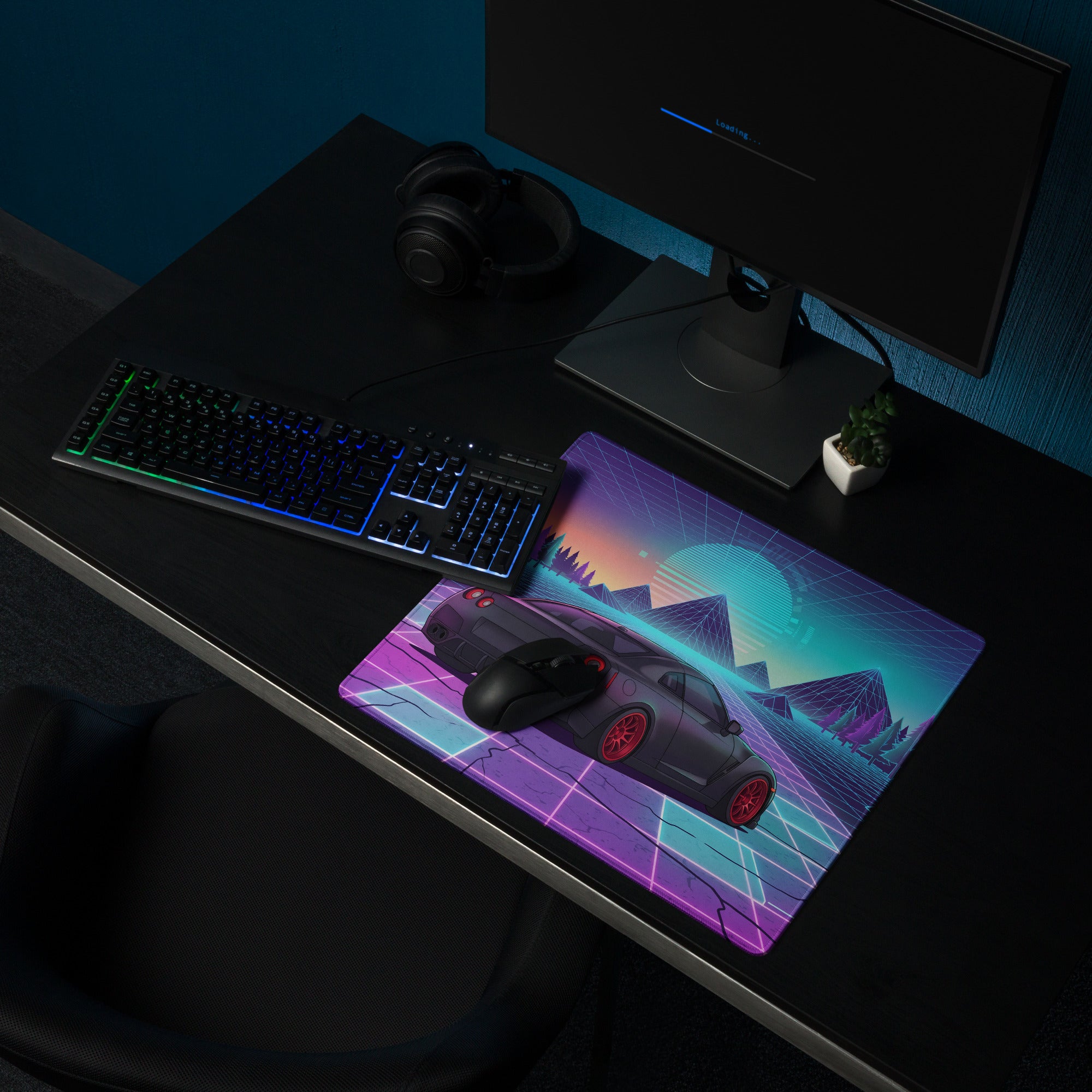 Nissan GT-R R35 Inspired Black Red Vaporwave Gaming Mouse Pad – Neon Pink Cyan Grid Desk Mat with Retro Futuristic Mountains and Synthwave Sunset Art