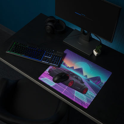 Nissan GT-R R35 Inspired Black Red Vaporwave Gaming Mouse Pad – Neon Pink Cyan Grid Desk Mat with Retro Futuristic Mountains and Synthwave Sunset Art