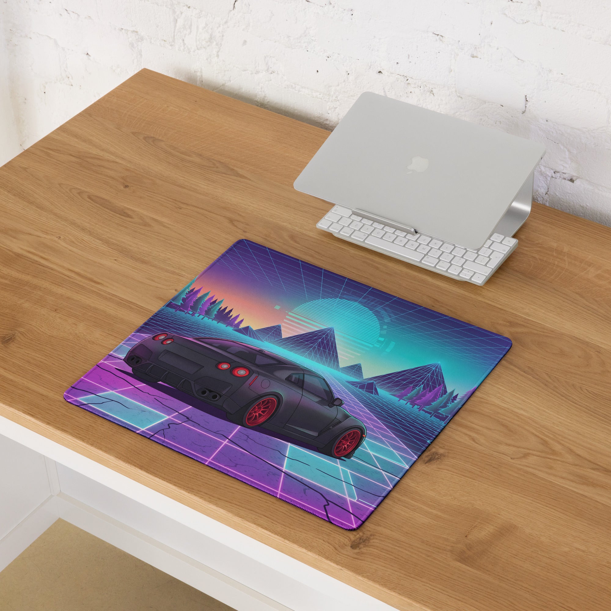 Nissan GT-R R35 Inspired Black Red Vaporwave Gaming Mouse Pad – Neon Pink Cyan Grid Desk Mat with Retro Futuristic Mountains and Synthwave Sunset Art