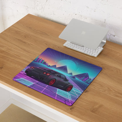 Nissan GT-R R35 Inspired Black Red Vaporwave Gaming Mouse Pad – Neon Pink Cyan Grid Desk Mat with Retro Futuristic Mountains and Synthwave Sunset Art