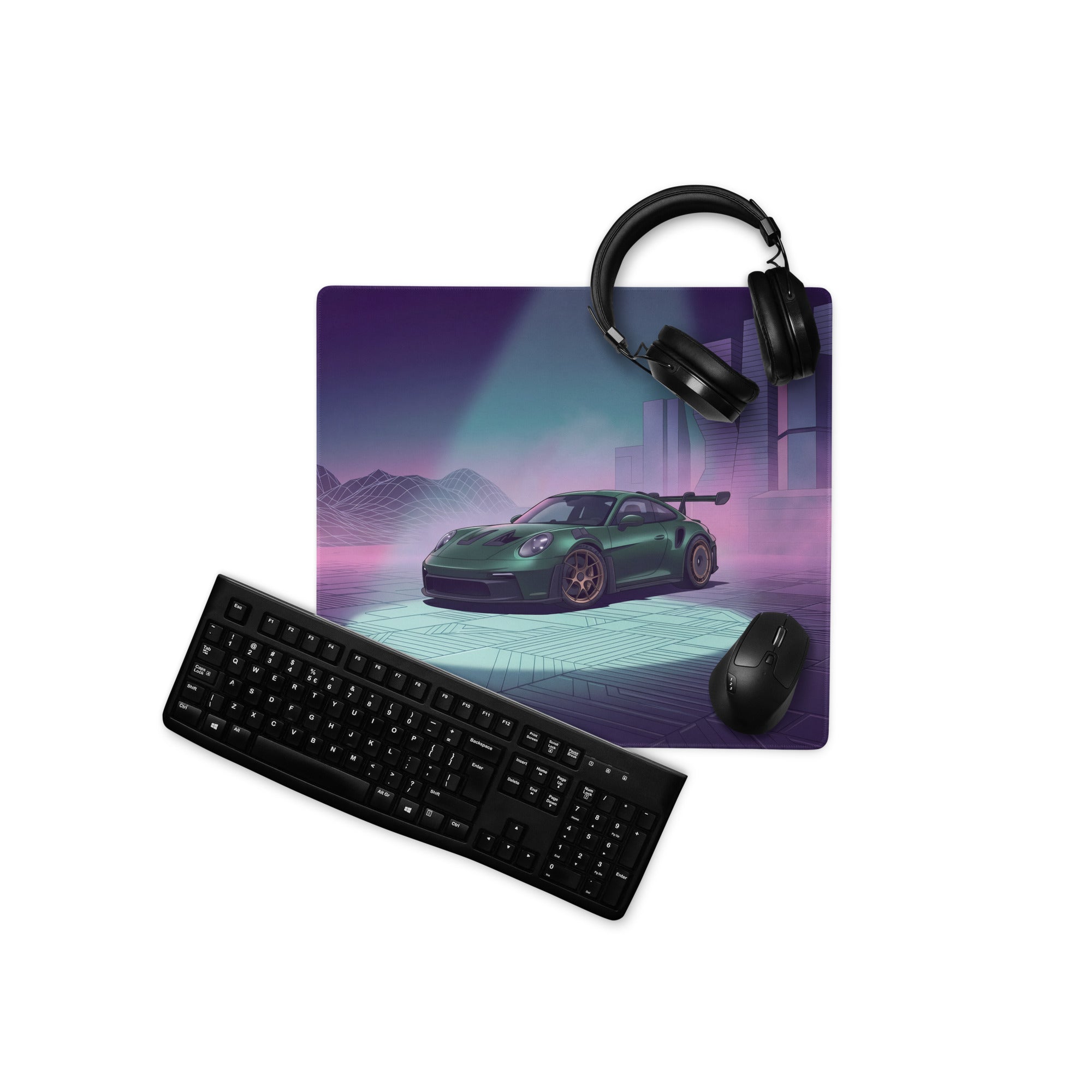 Porsche 911 GT3 RS Inspired Green Vaporwave Gaming Mouse Pad – Moody Purple Futuristic City Desk Mat with Neon Grid Mountains and Synthwave Racing Art