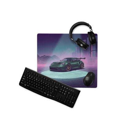 Porsche 911 GT3 RS Inspired Green Vaporwave Gaming Mouse Pad – Moody Purple Futuristic City Desk Mat with Neon Grid Mountains and Synthwave Racing Art