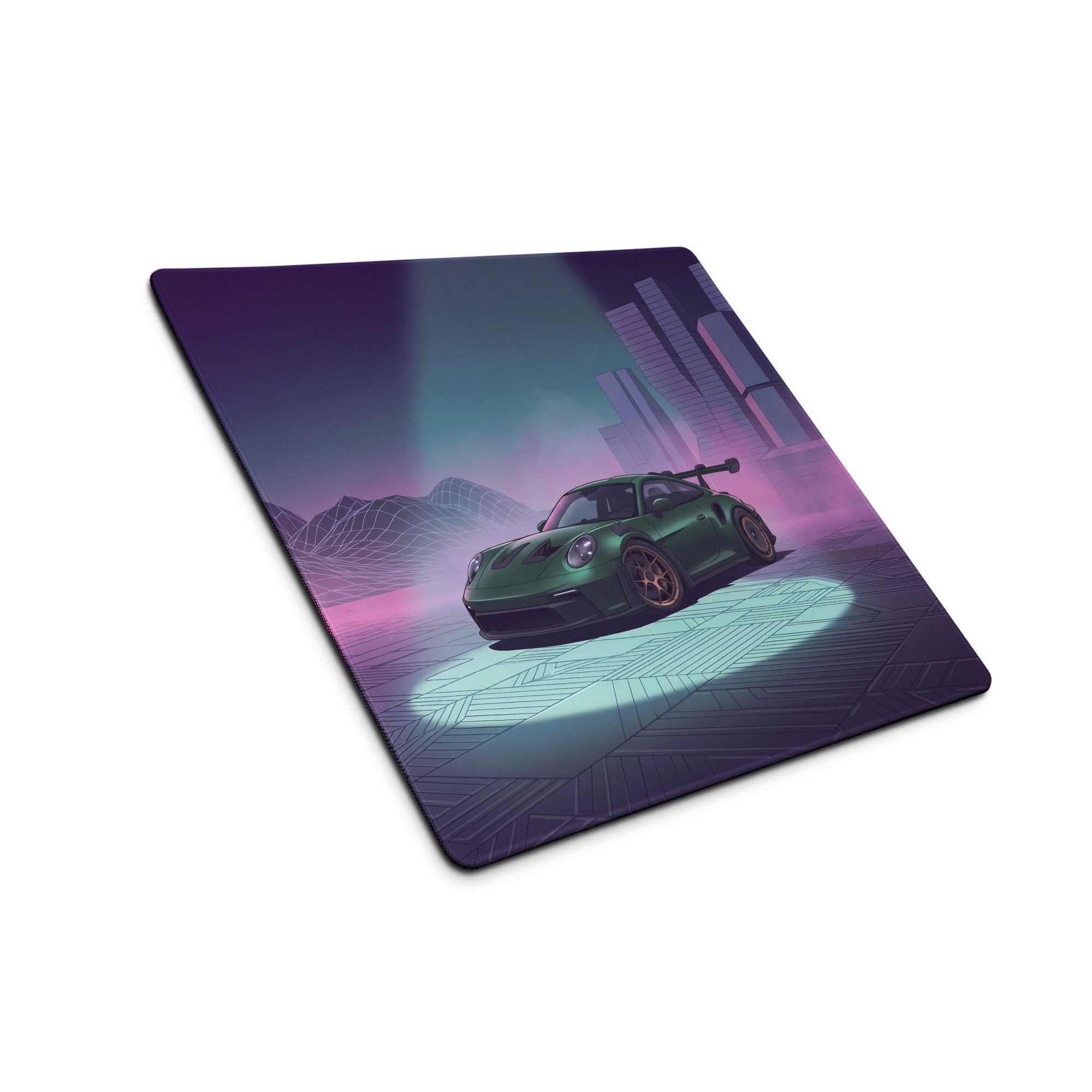 Porsche 911 GT3 RS Inspired Green Vaporwave Gaming Mouse Pad – Moody Purple Futuristic City Desk Mat with Neon Grid Mountains and Synthwave Racing Art