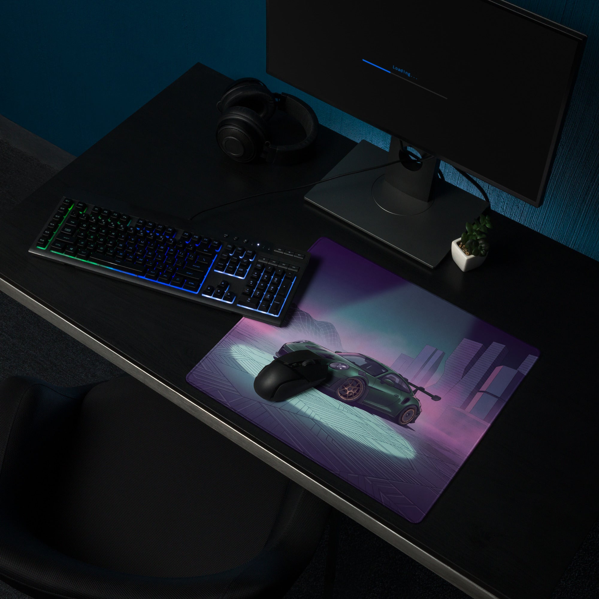 Porsche 911 GT3 RS Inspired Green Vaporwave Gaming Mouse Pad – Moody Purple Futuristic City Desk Mat with Neon Grid Mountains and Synthwave Racing Art