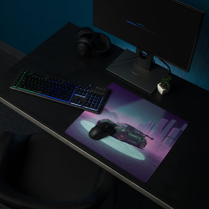 Porsche 911 GT3 RS Inspired Green Vaporwave Gaming Mouse Pad – Moody Purple Futuristic City Desk Mat with Neon Grid Mountains and Synthwave Racing Art