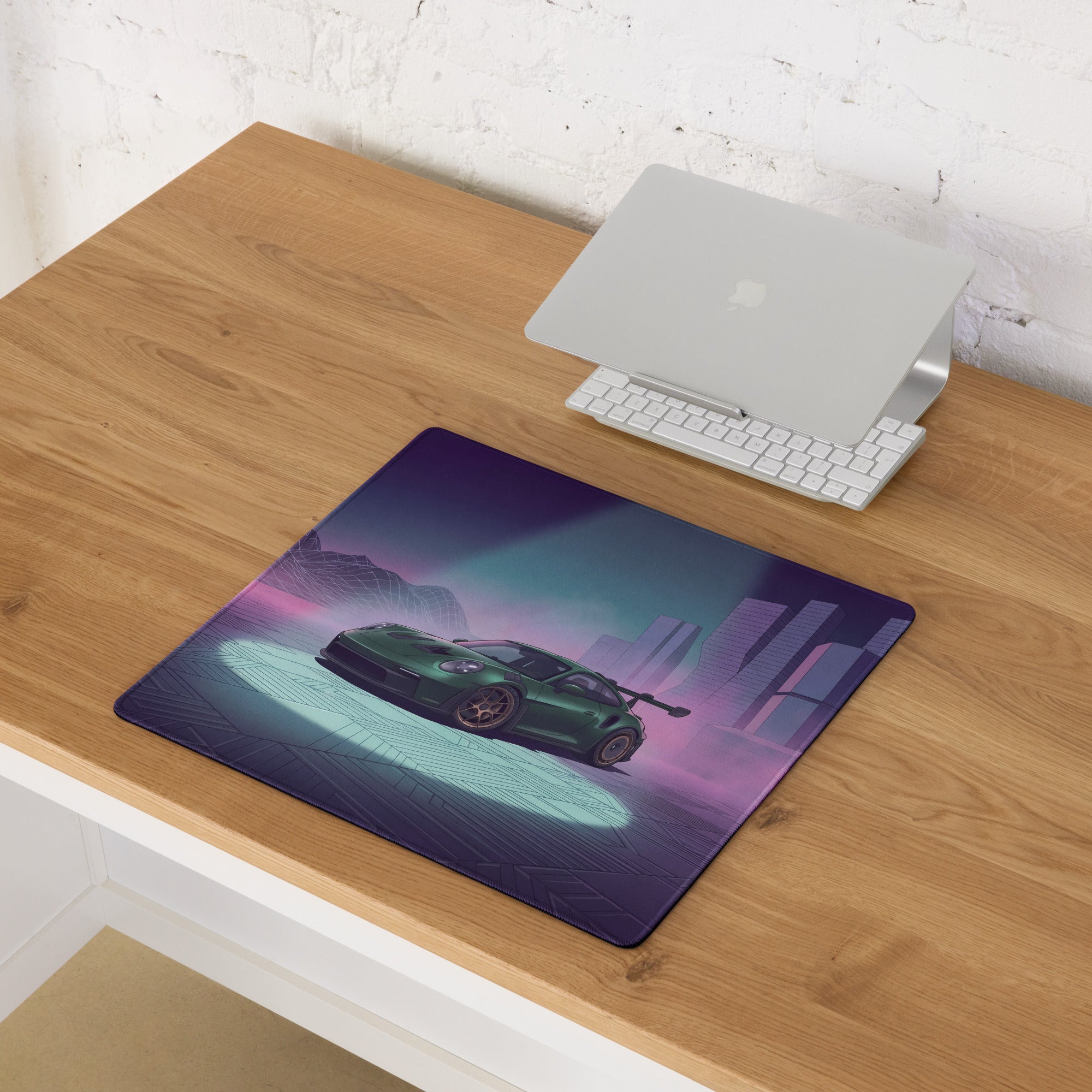 Porsche 911 GT3 RS Inspired Green Vaporwave Gaming Mouse Pad – Moody Purple Futuristic City Desk Mat with Neon Grid Mountains and Synthwave Racing Art
