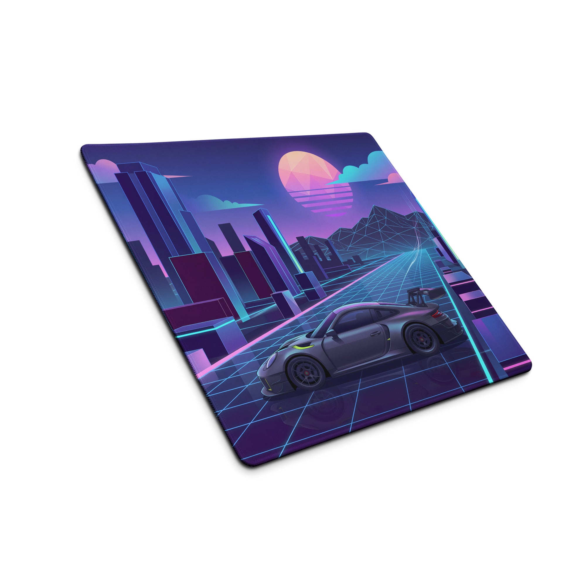 Porsche 911 GT3 R Inspired Gray Vaporwave Gaming Mouse Pad – Neon Cyan Pink Futuristic City Grid Desk Mat with Geometric Sunset and Synthwave Art