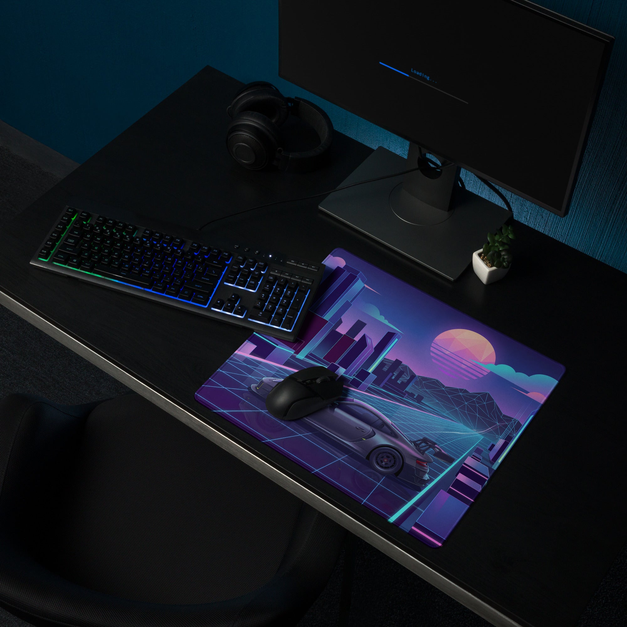 Porsche 911 GT3 R Inspired Gray Vaporwave Gaming Mouse Pad – Neon Cyan Pink Futuristic City Grid Desk Mat with Geometric Sunset and Synthwave Art