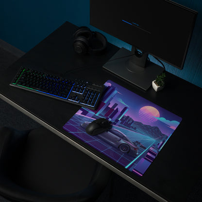 Porsche 911 GT3 R Inspired Gray Vaporwave Gaming Mouse Pad – Neon Cyan Pink Futuristic City Grid Desk Mat with Geometric Sunset and Synthwave Art