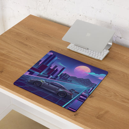 Porsche 911 GT3 R Inspired Gray Vaporwave Gaming Mouse Pad – Neon Cyan Pink Futuristic City Grid Desk Mat with Geometric Sunset and Synthwave Art