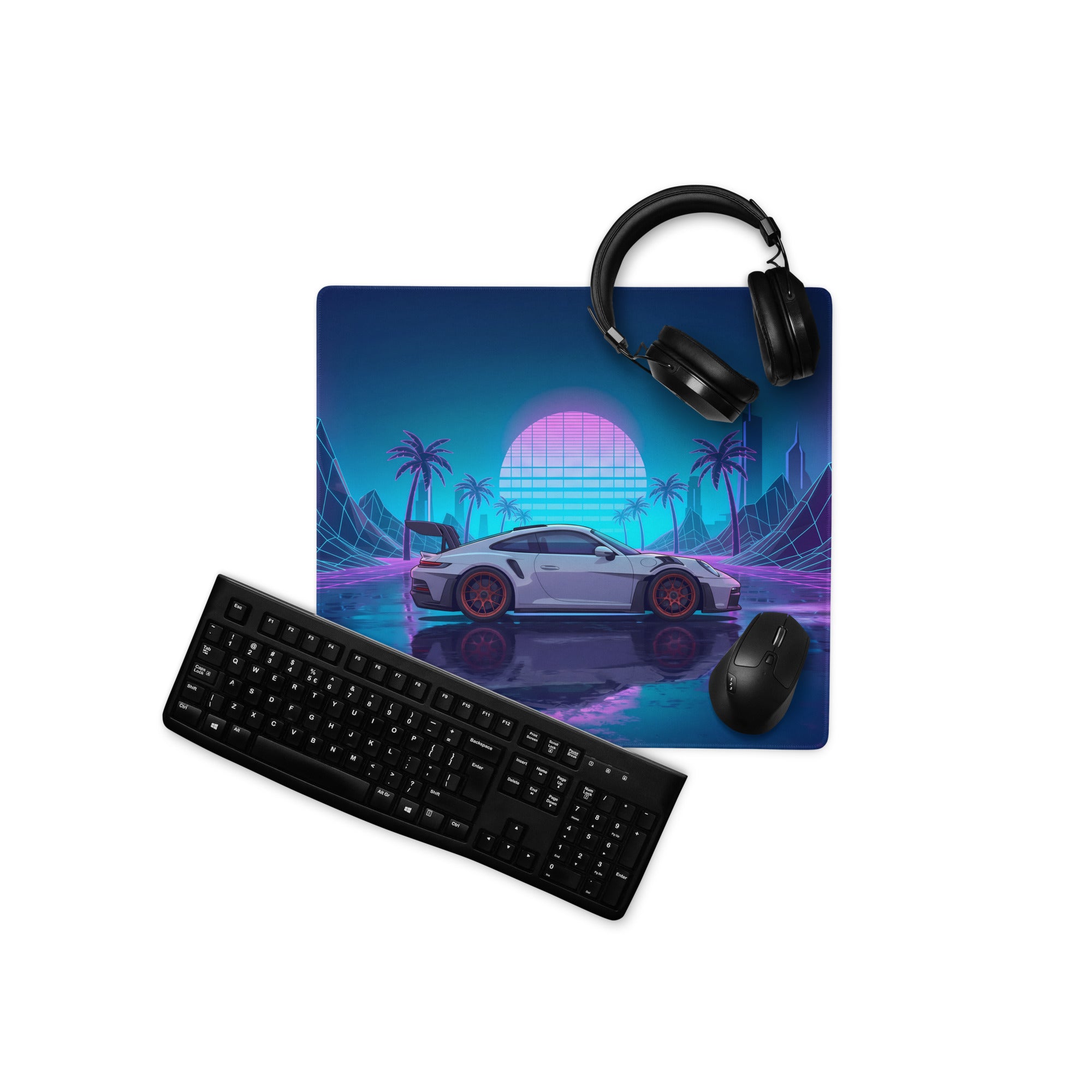 Porsche 911 GT3 RS Inspired White Vaporwave Gaming Mouse Pad – Neon Pink Cyan Grid Desk Mat with Palm Trees, Reflective Nightscape and Synthwave Art