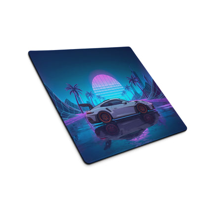 Porsche 911 GT3 RS Inspired White Vaporwave Gaming Mouse Pad – Neon Pink Cyan Grid Desk Mat with Palm Trees, Reflective Nightscape and Synthwave Art
