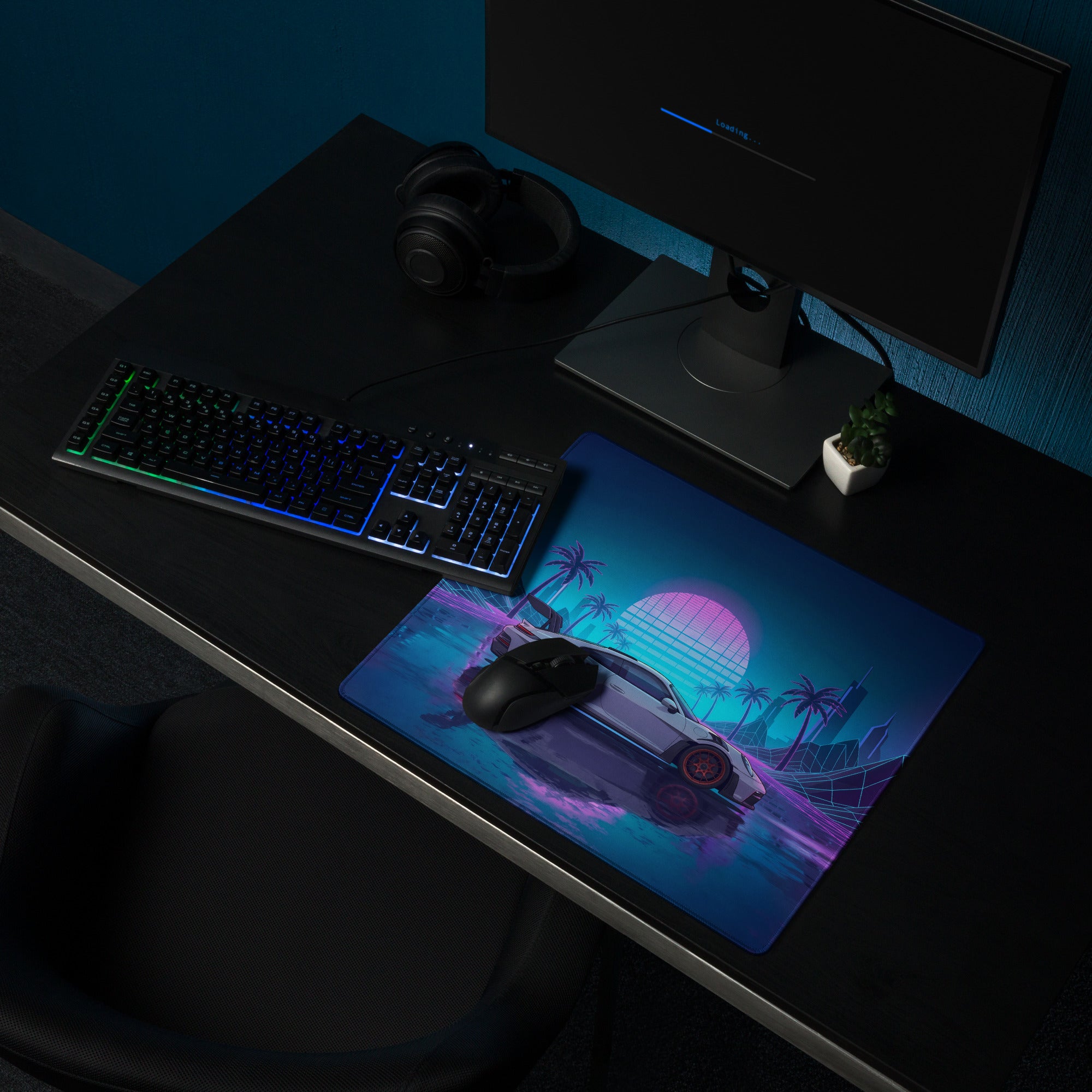 Porsche 911 GT3 RS Inspired White Vaporwave Gaming Mouse Pad – Neon Pink Cyan Grid Desk Mat with Palm Trees, Reflective Nightscape and Synthwave Art