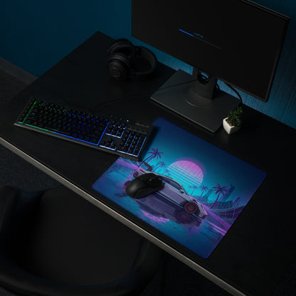 Porsche 911 GT3 RS Inspired White Vaporwave Gaming Mouse Pad – Neon Pink Cyan Grid Desk Mat with Palm Trees, Reflective Nightscape and Synthwave Art