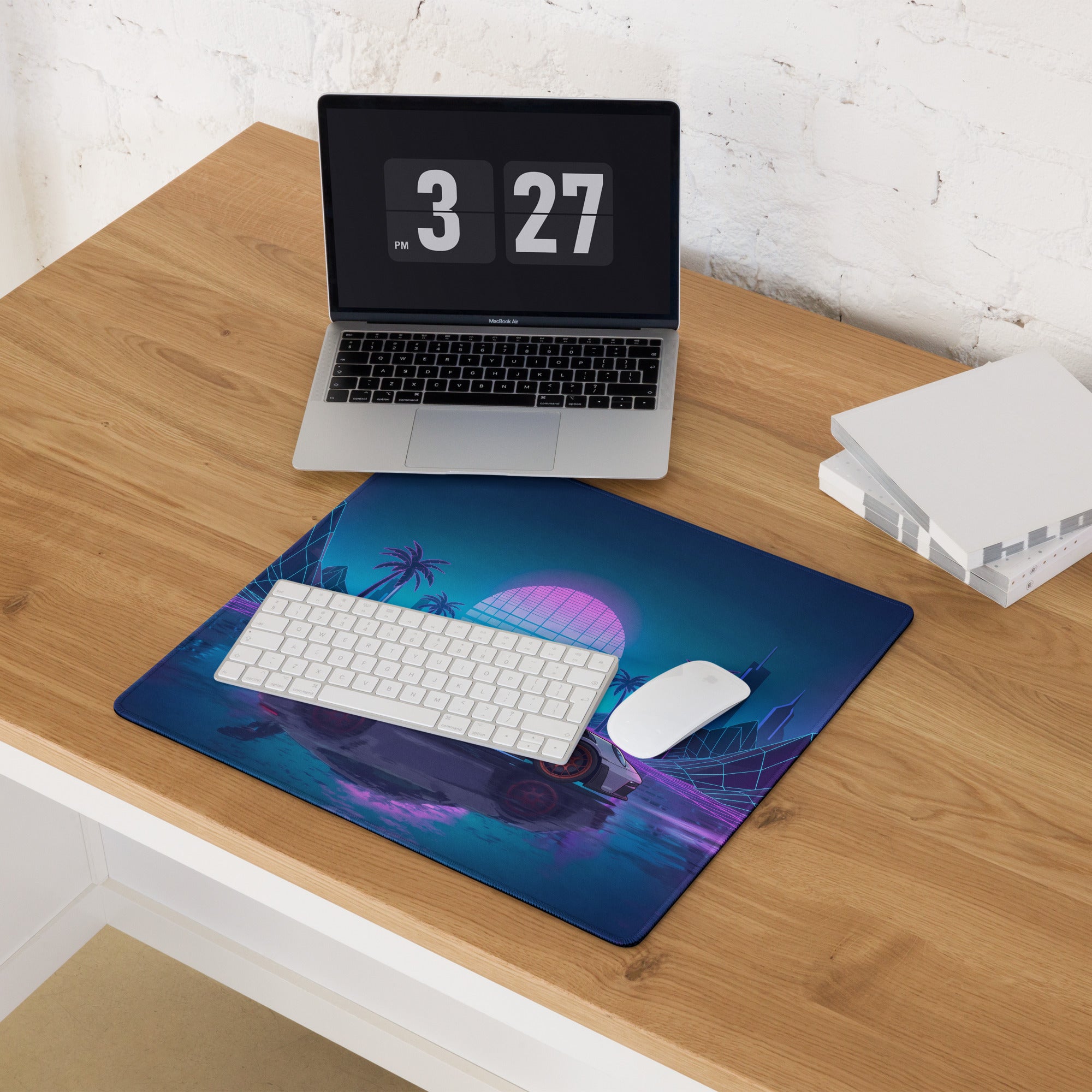 Porsche 911 GT3 RS Inspired White Vaporwave Gaming Mouse Pad – Neon Pink Cyan Grid Desk Mat with Palm Trees, Reflective Nightscape and Synthwave Art