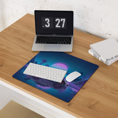 Porsche 911 GT3 RS Inspired White Vaporwave Gaming Mouse Pad – Neon Pink Cyan Grid Desk Mat with Palm Trees, Reflective Nightscape and Synthwave Art