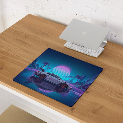 Porsche 911 GT3 RS Inspired White Vaporwave Gaming Mouse Pad – Neon Pink Cyan Grid Desk Mat with Palm Trees, Reflective Nightscape and Synthwave Art
