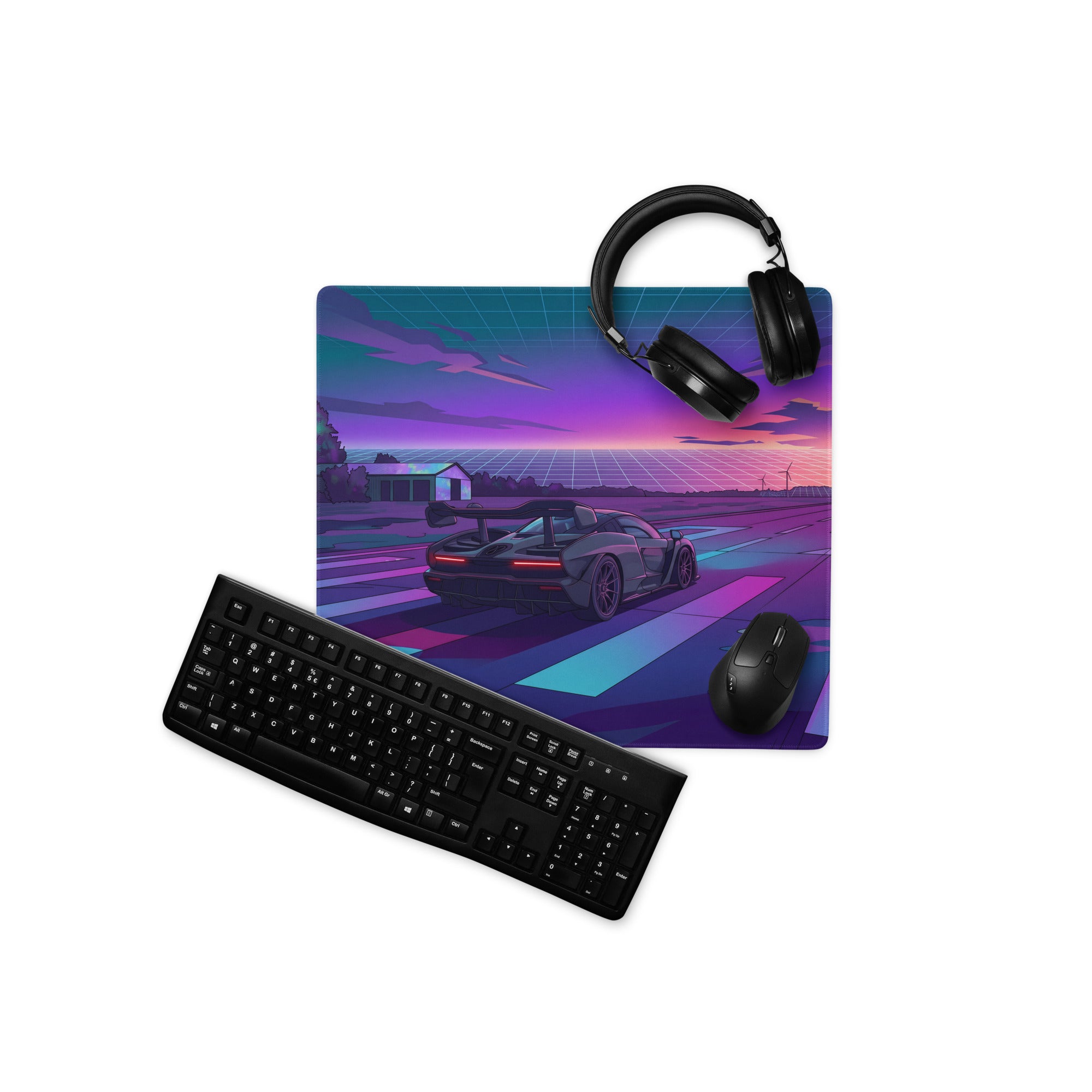 McLaren Senna Inspired Dark Gray Vaporwave Gaming Mouse Pad – Neon Purple Cyan Runway Desk Mat with Retro Futuristic Sunset and Synthwave Racing Art