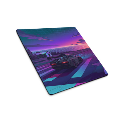 McLaren Senna Inspired Dark Gray Vaporwave Gaming Mouse Pad – Neon Purple Cyan Runway Desk Mat with Retro Futuristic Sunset and Synthwave Racing Art