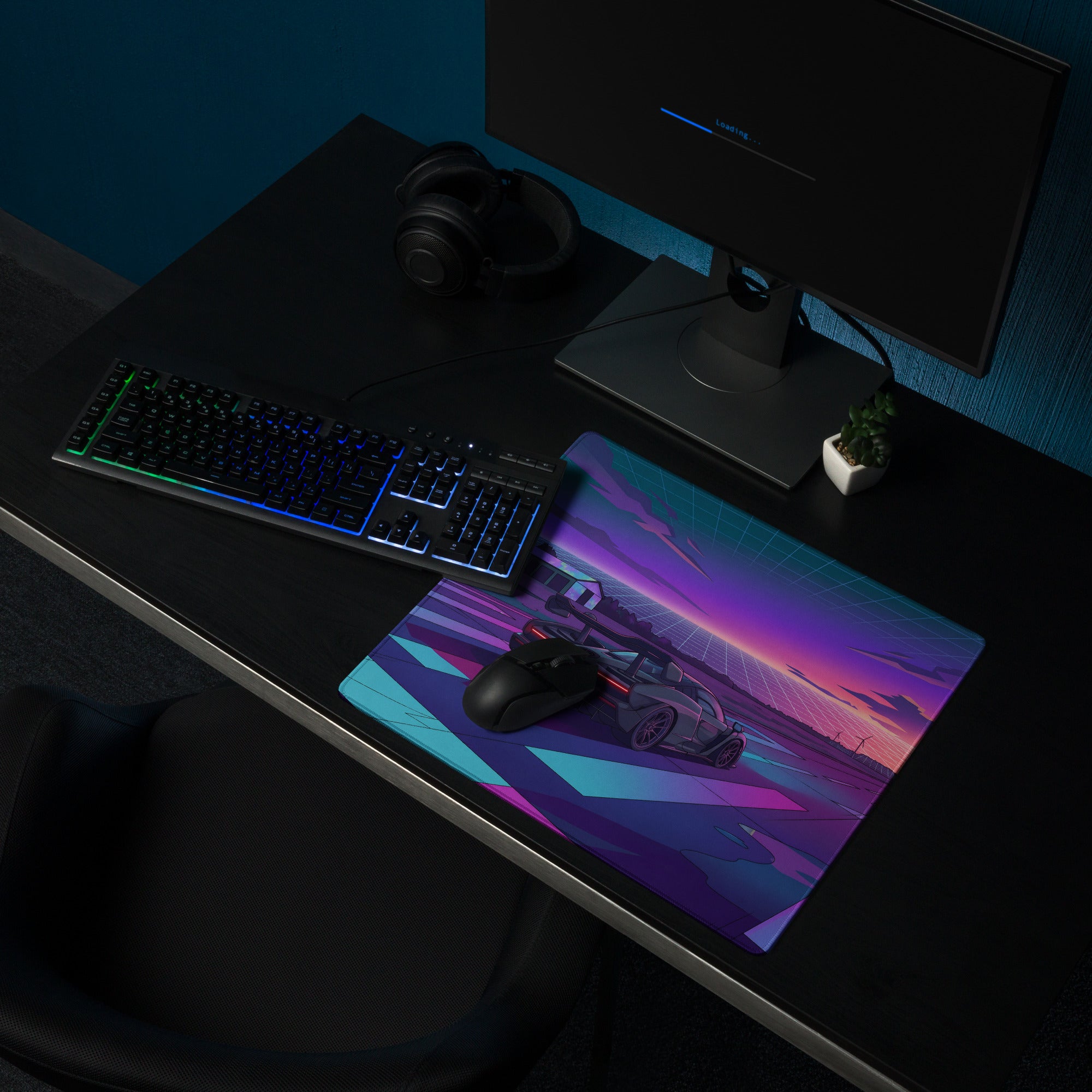 McLaren Senna Inspired Dark Gray Vaporwave Gaming Mouse Pad – Neon Purple Cyan Runway Desk Mat with Retro Futuristic Sunset and Synthwave Racing Art
