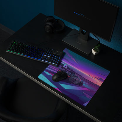 McLaren Senna Inspired Dark Gray Vaporwave Gaming Mouse Pad – Neon Purple Cyan Runway Desk Mat with Retro Futuristic Sunset and Synthwave Racing Art