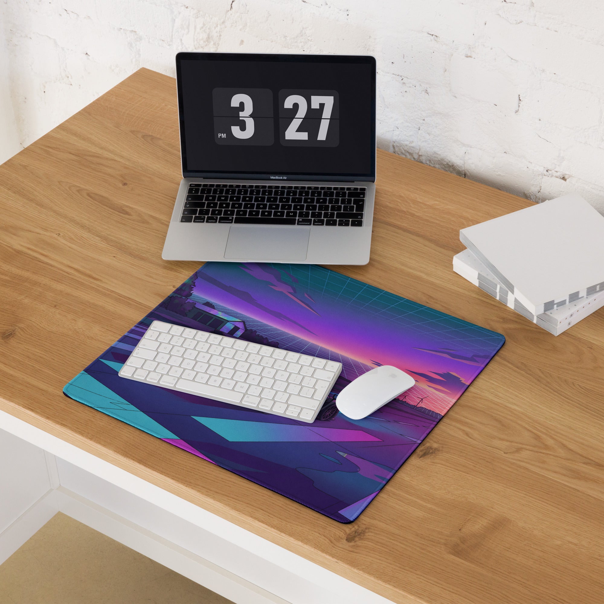 McLaren Senna Inspired Dark Gray Vaporwave Gaming Mouse Pad – Neon Purple Cyan Runway Desk Mat with Retro Futuristic Sunset and Synthwave Racing Art