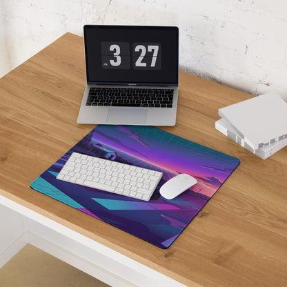 McLaren Senna Inspired Dark Gray Vaporwave Gaming Mouse Pad – Neon Purple Cyan Runway Desk Mat with Retro Futuristic Sunset and Synthwave Racing Art