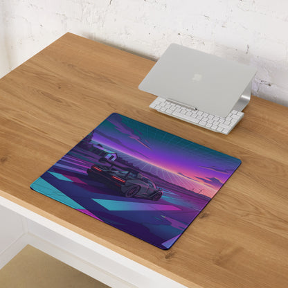 McLaren Senna Inspired Dark Gray Vaporwave Gaming Mouse Pad – Neon Purple Cyan Runway Desk Mat with Retro Futuristic Sunset and Synthwave Racing Art