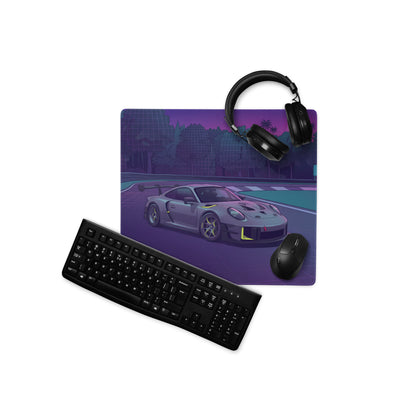 Porsche 911 GT3 R Inspired Gray Vaporwave Gaming Mouse Pad – Neon Purple Racetrack Desk Mat with Lime Accents, Tropical Forest and Synthwave Sunset Art
