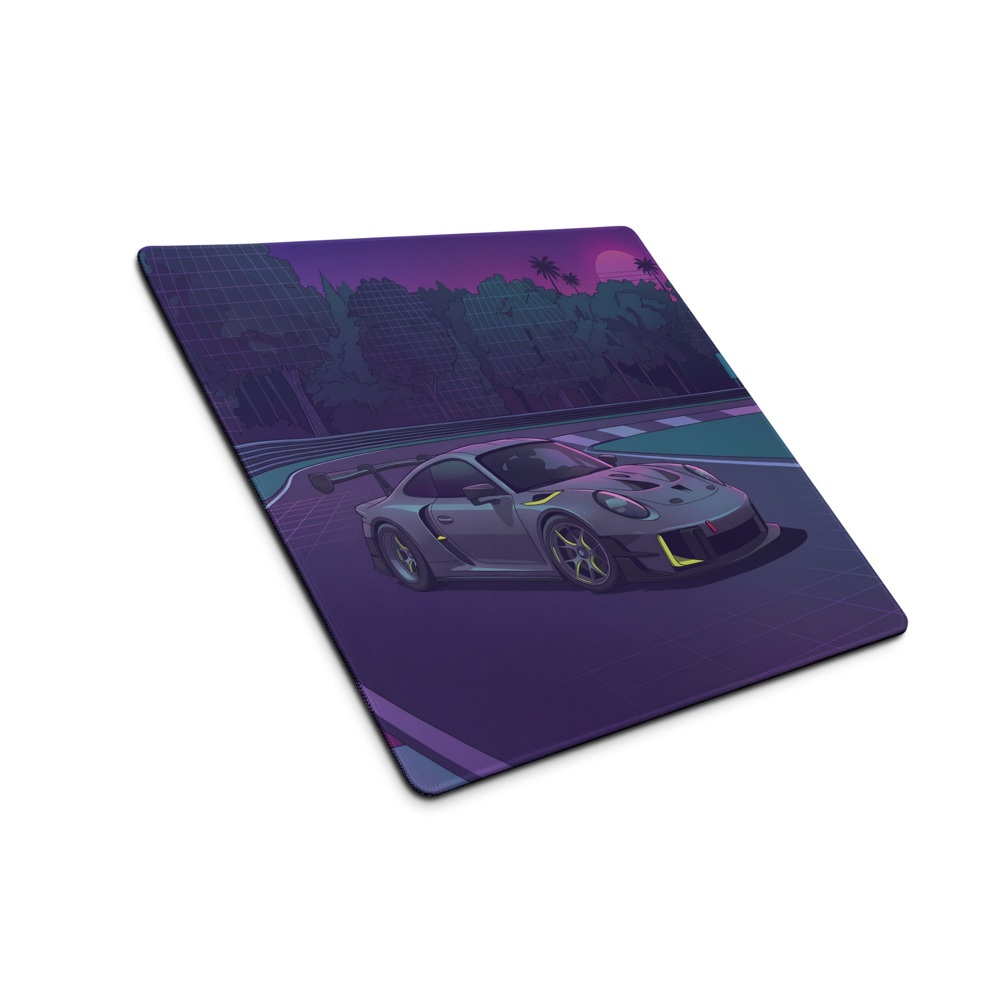 Porsche 911 GT3 R Inspired Gray Vaporwave Gaming Mouse Pad – Neon Purple Racetrack Desk Mat with Lime Accents, Tropical Forest and Synthwave Sunset Art