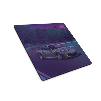 Porsche 911 GT3 R Inspired Gray Vaporwave Gaming Mouse Pad – Neon Purple Racetrack Desk Mat with Lime Accents, Tropical Forest and Synthwave Sunset Art