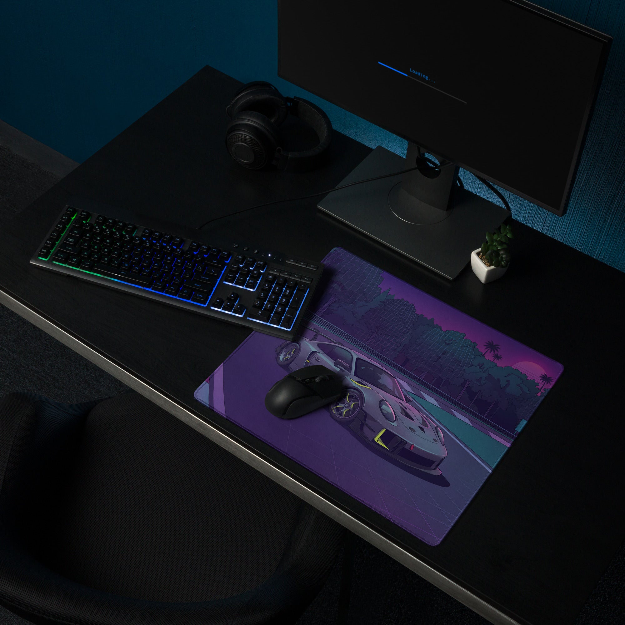 Porsche 911 GT3 R Inspired Gray Vaporwave Gaming Mouse Pad – Neon Purple Racetrack Desk Mat with Lime Accents, Tropical Forest and Synthwave Sunset Art