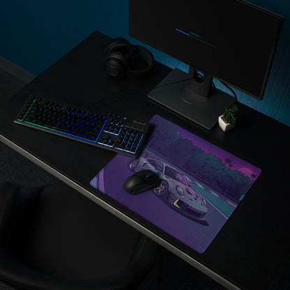 Porsche 911 GT3 R Inspired Gray Vaporwave Gaming Mouse Pad – Neon Purple Racetrack Desk Mat with Lime Accents, Tropical Forest and Synthwave Sunset Art
