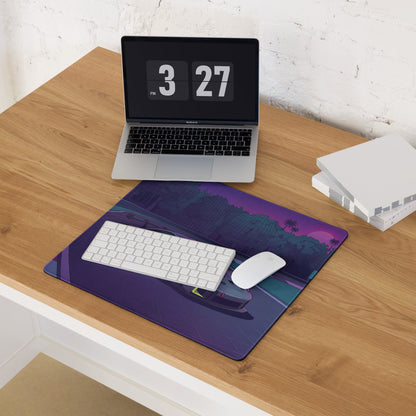 Porsche 911 GT3 R Inspired Gray Vaporwave Gaming Mouse Pad – Neon Purple Racetrack Desk Mat with Lime Accents, Tropical Forest and Synthwave Sunset Art