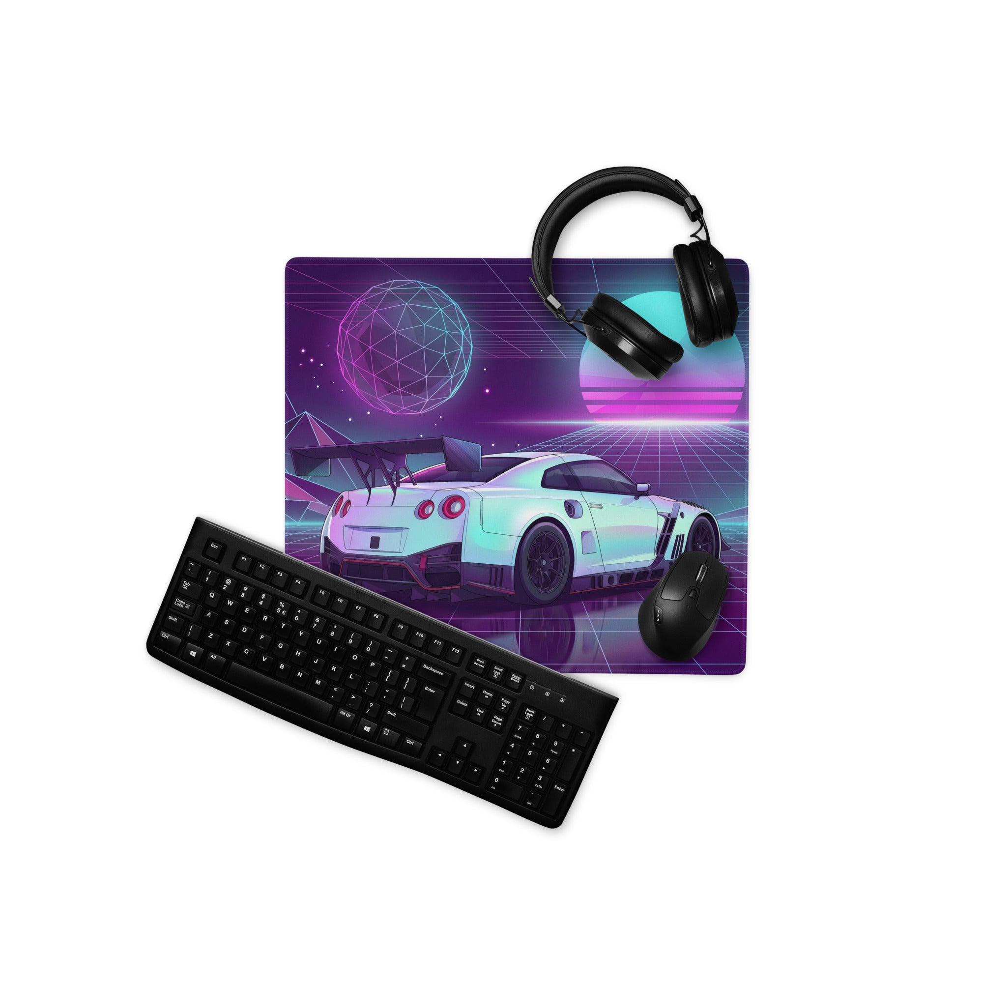 Nissan GT-R R35 Inspired White Vaporwave Gaming Mouse Pad – Neon Purple Cyan Grid Desk Mat with Geometric Mountains, Palm Tree and Synthwave Sunset Art