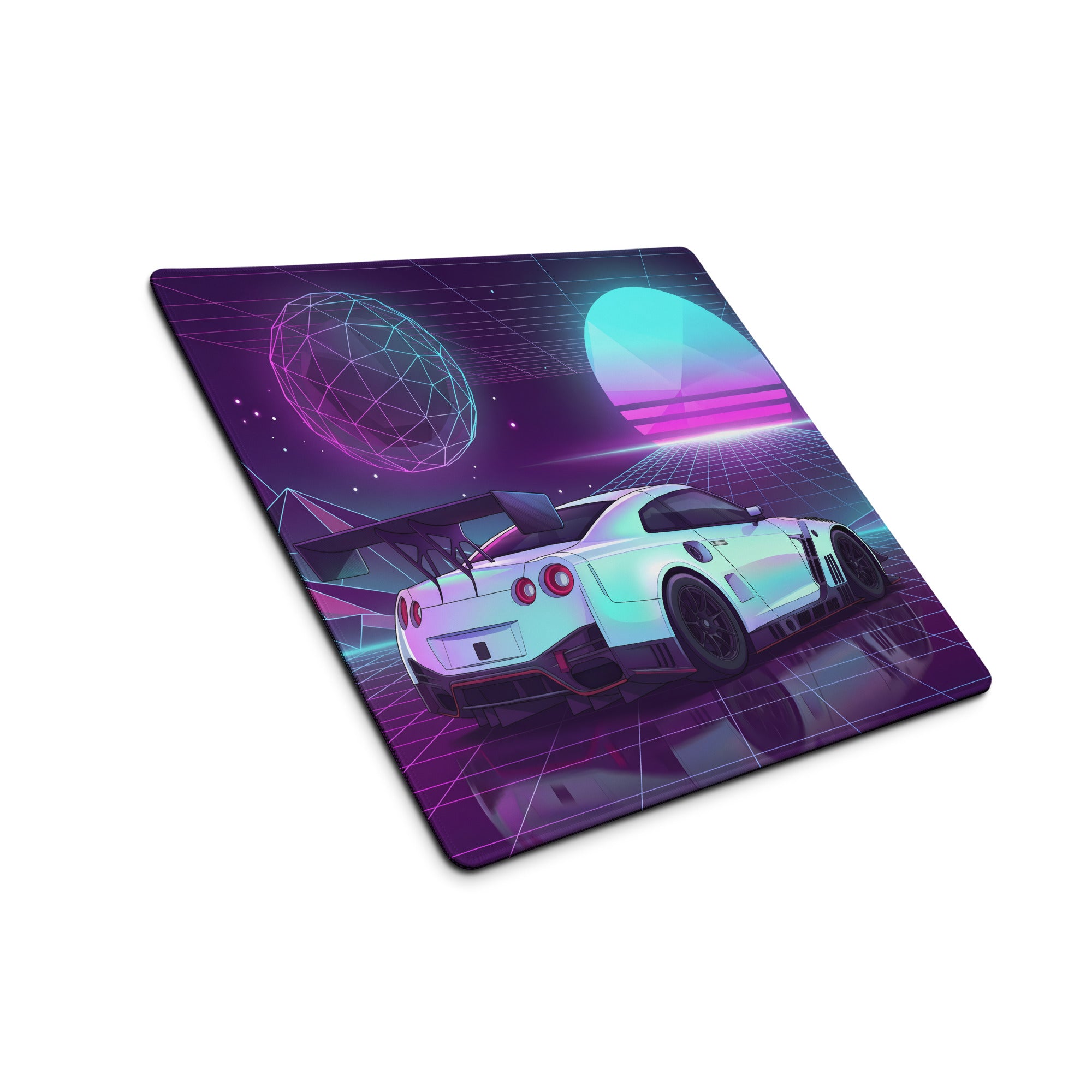 Nissan GT-R R35 Inspired White Vaporwave Gaming Mouse Pad – Neon Purple Cyan Grid Desk Mat with Geometric Mountains, Palm Tree and Synthwave Sunset Art