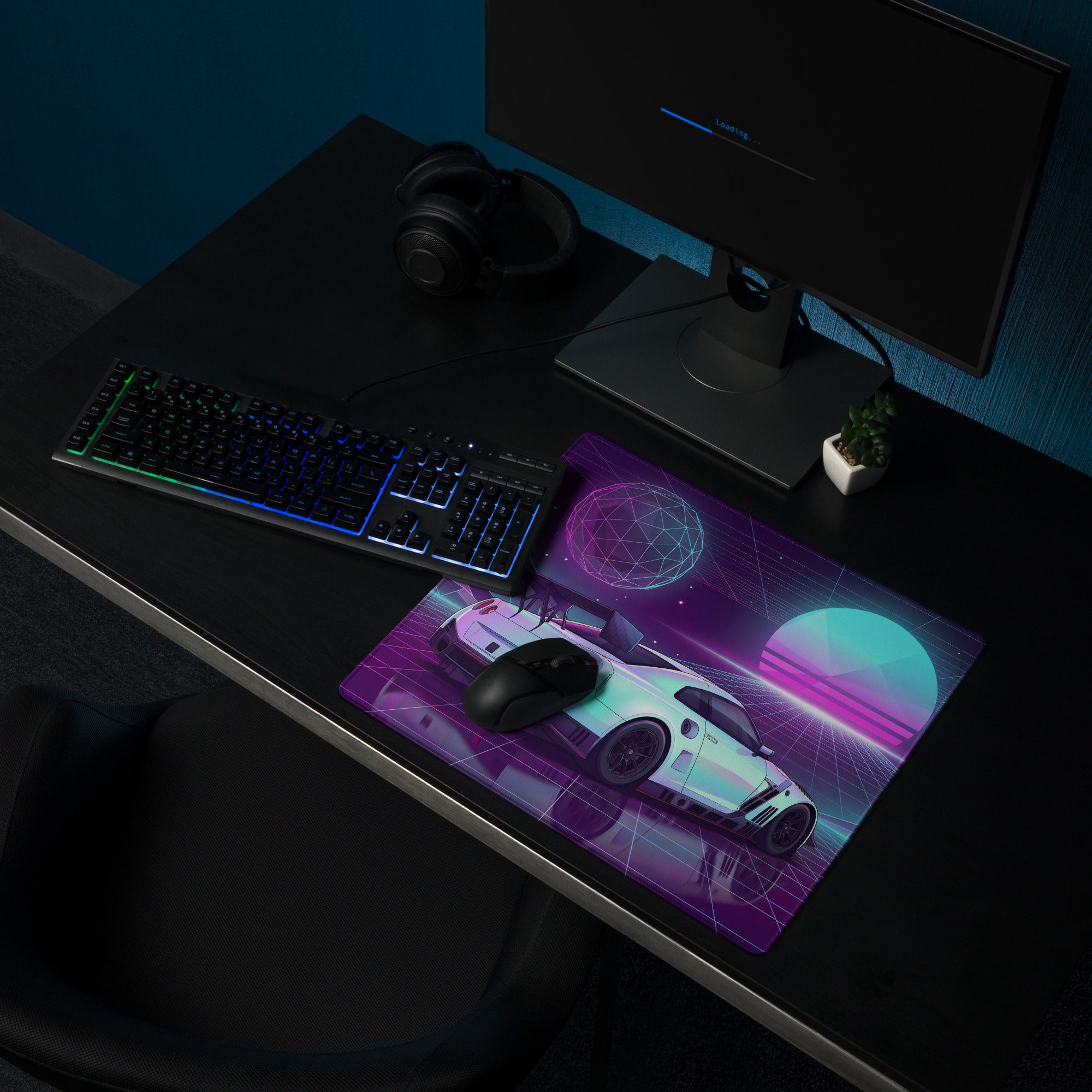 Nissan GT-R R35 Inspired White Vaporwave Gaming Mouse Pad – Neon Purple Cyan Grid Desk Mat with Geometric Mountains, Palm Tree and Synthwave Sunset Art